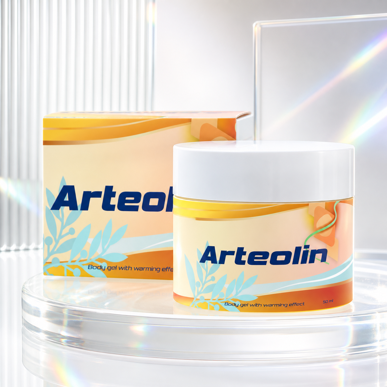 Dóza a kartónové balenie Arteolin s modrým nápisom, odfotené cez hranol skla